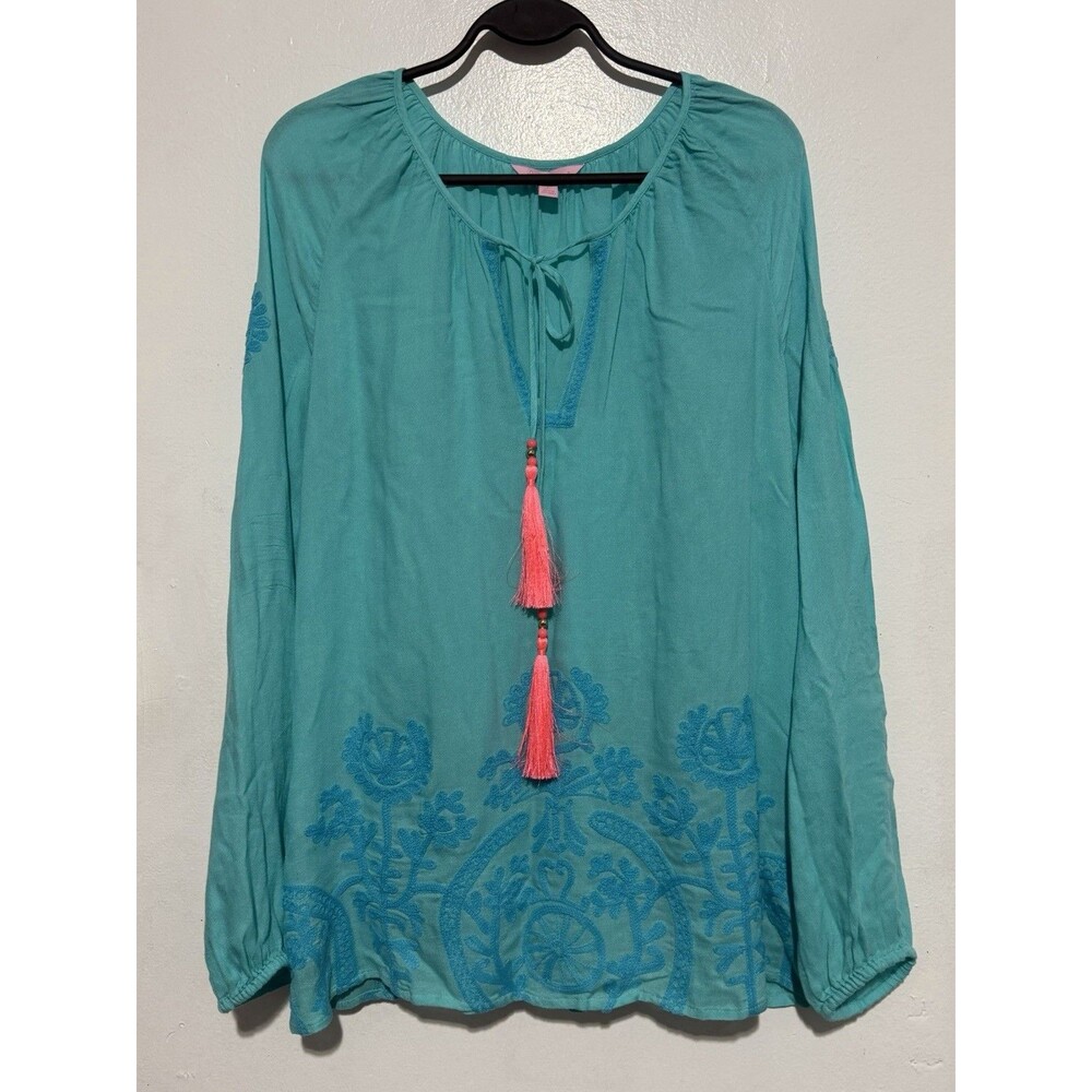 Lilly Pulitzer Top Women’s Large Tunic Turquoise Bohemian Embroidered Beach
